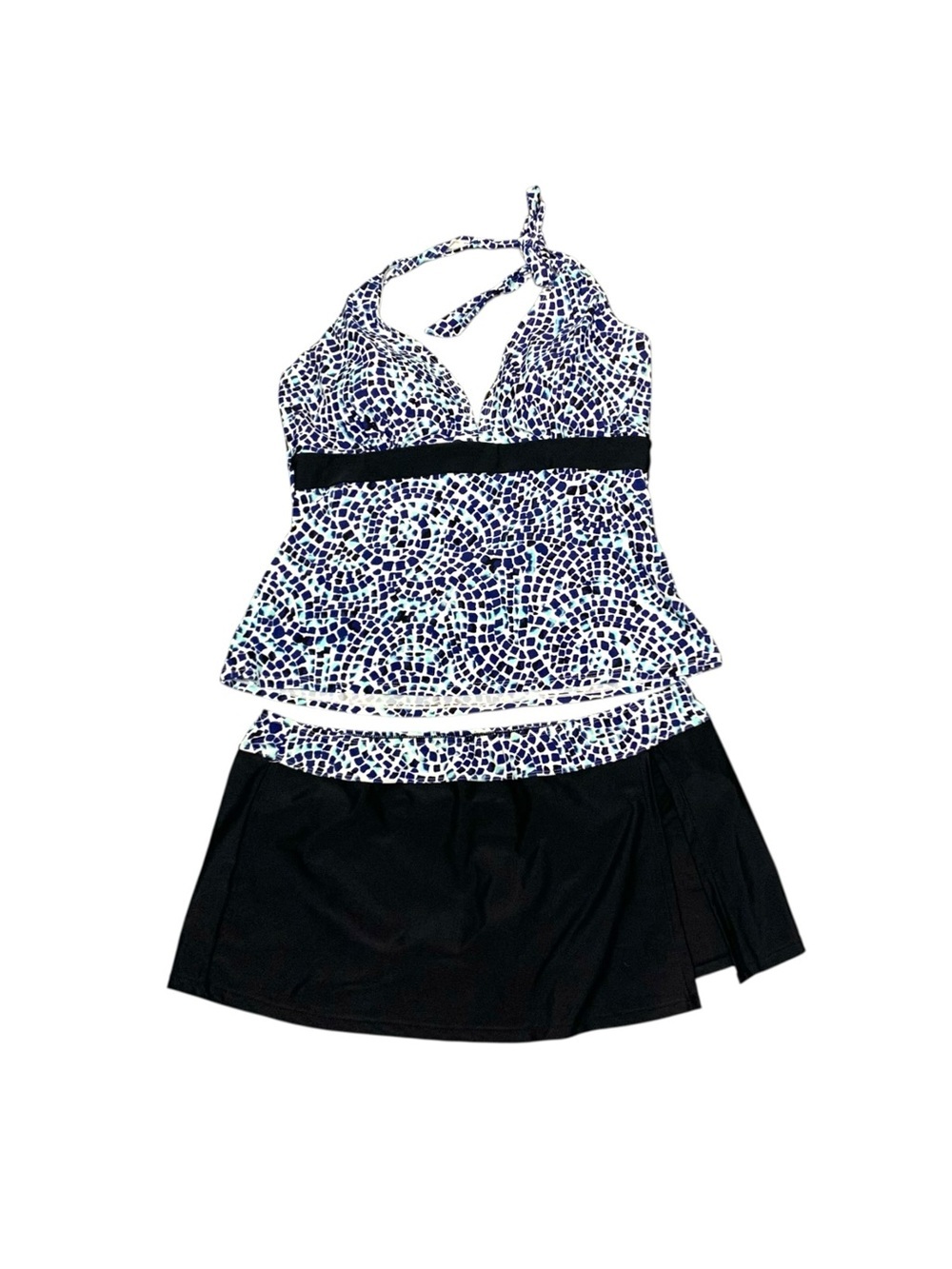 Costa Del Sol Halter Tankini 2 Piece Set Black Skirt Blue Mosaic Print 16D Beach